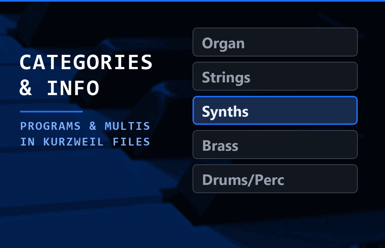 The words Categories & Info in block letters over blue piano keys, with the app's category picker sketched beside them.