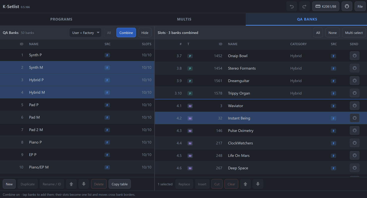 K-Setlist with the QA bank editor open: the bank list on the left, the slots of three combined banks on the right.