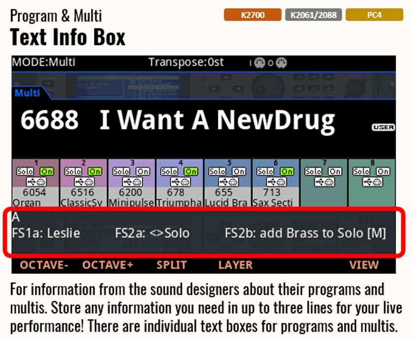 Six display shots of new OS features: text info box, sample trim page, chord recognition, large quick access view, layers summary and the new global controller settings.