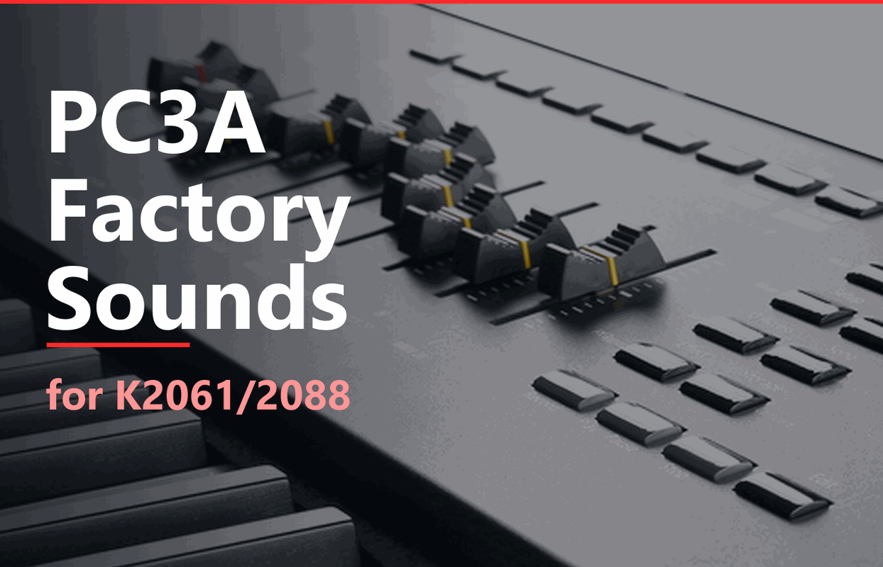 The words PC3A Factory Sounds for K2061/2088 over a photo of the PC3's sliders.
