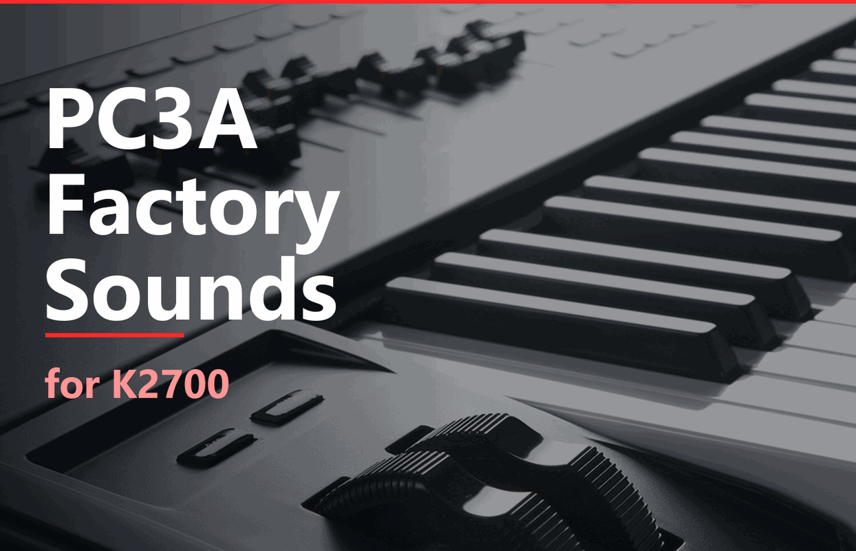 The words PC3A Factory Sounds for K2700 over a photo of the PC3's pitch and mod wheels beside the keys.