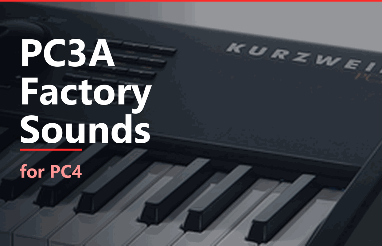 The words PC3A Factory Sounds for PC4 over a photo of the PC3 panel with the Kurzweil lettering.